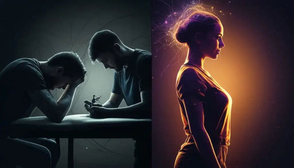 Silhueta de artista frustrado em contraste com artista empoderado